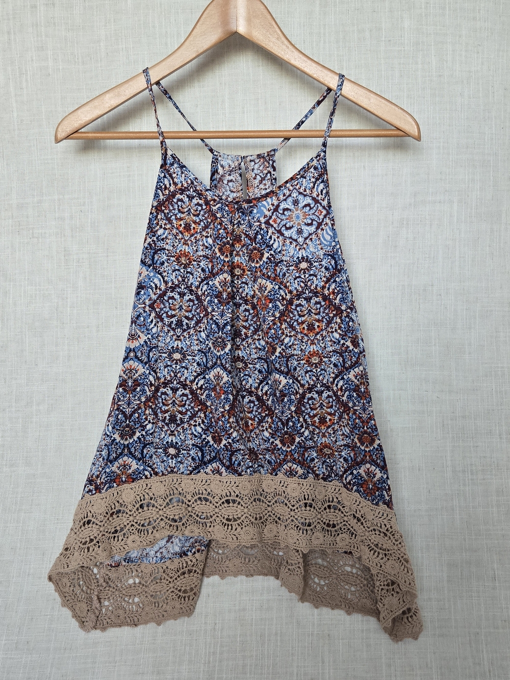 Mossimo Blue Printed Bohemian Tank w Crochet-Hem Women's Size